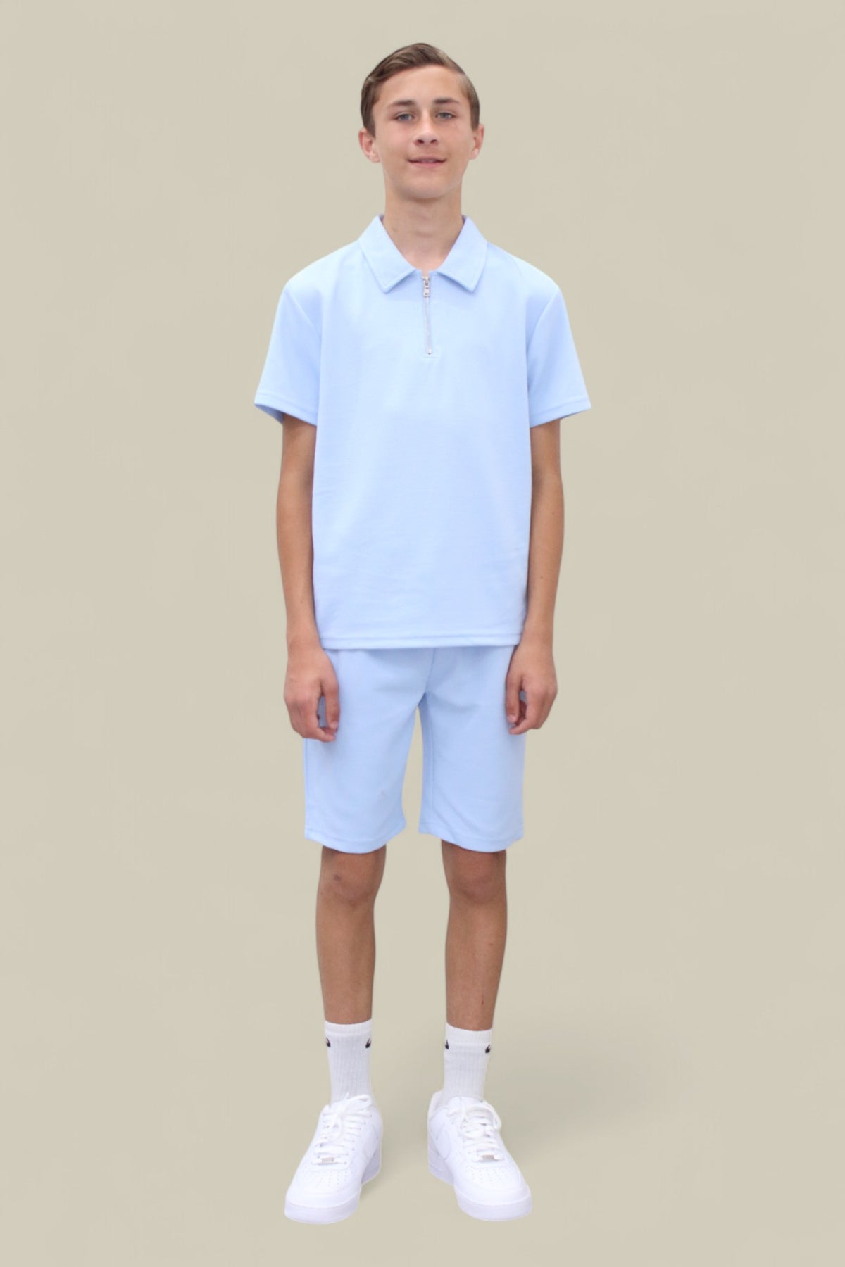 Jaxon Premium Boys Half Zip Holiday Set Pique Luxury Fabric Light Blue