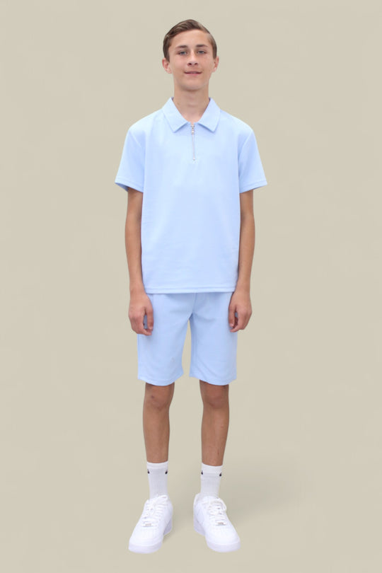 Jaxon Premium Boys Half Zip Holiday Set Pique Luxury Fabric Light Blue