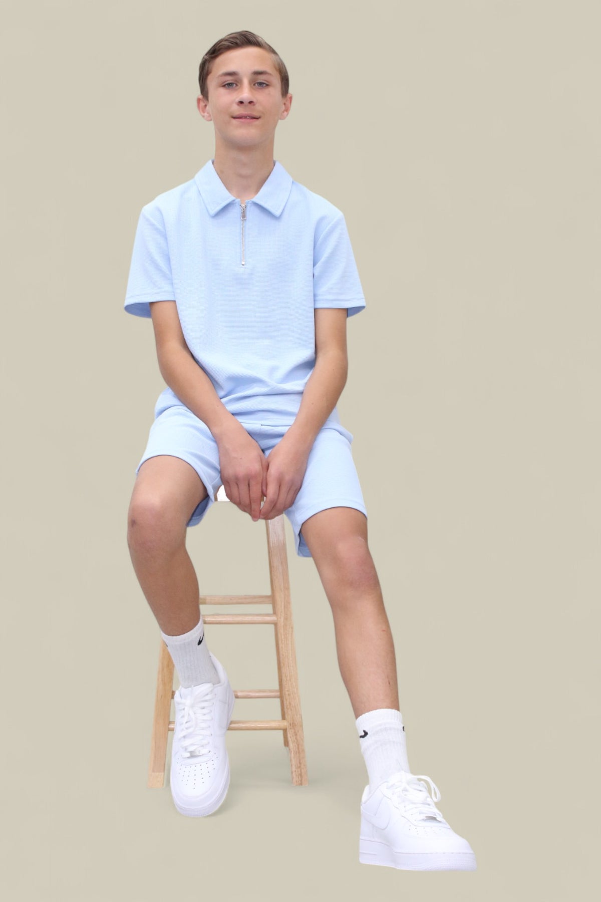 Jaxon Premium Boys Half Zip Holiday Set Pique Luxury Fabric Light Blue