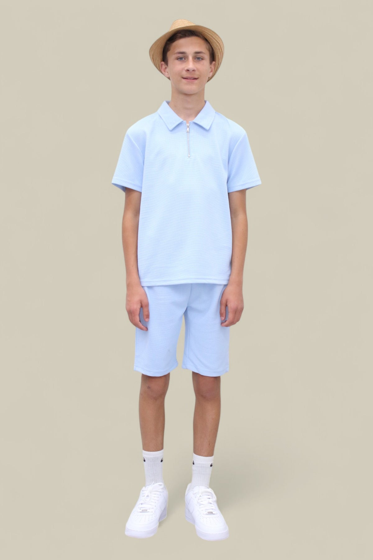 Jaxon Premium Boys Half Zip Holiday Set Pique Luxury Fabric Light Blue