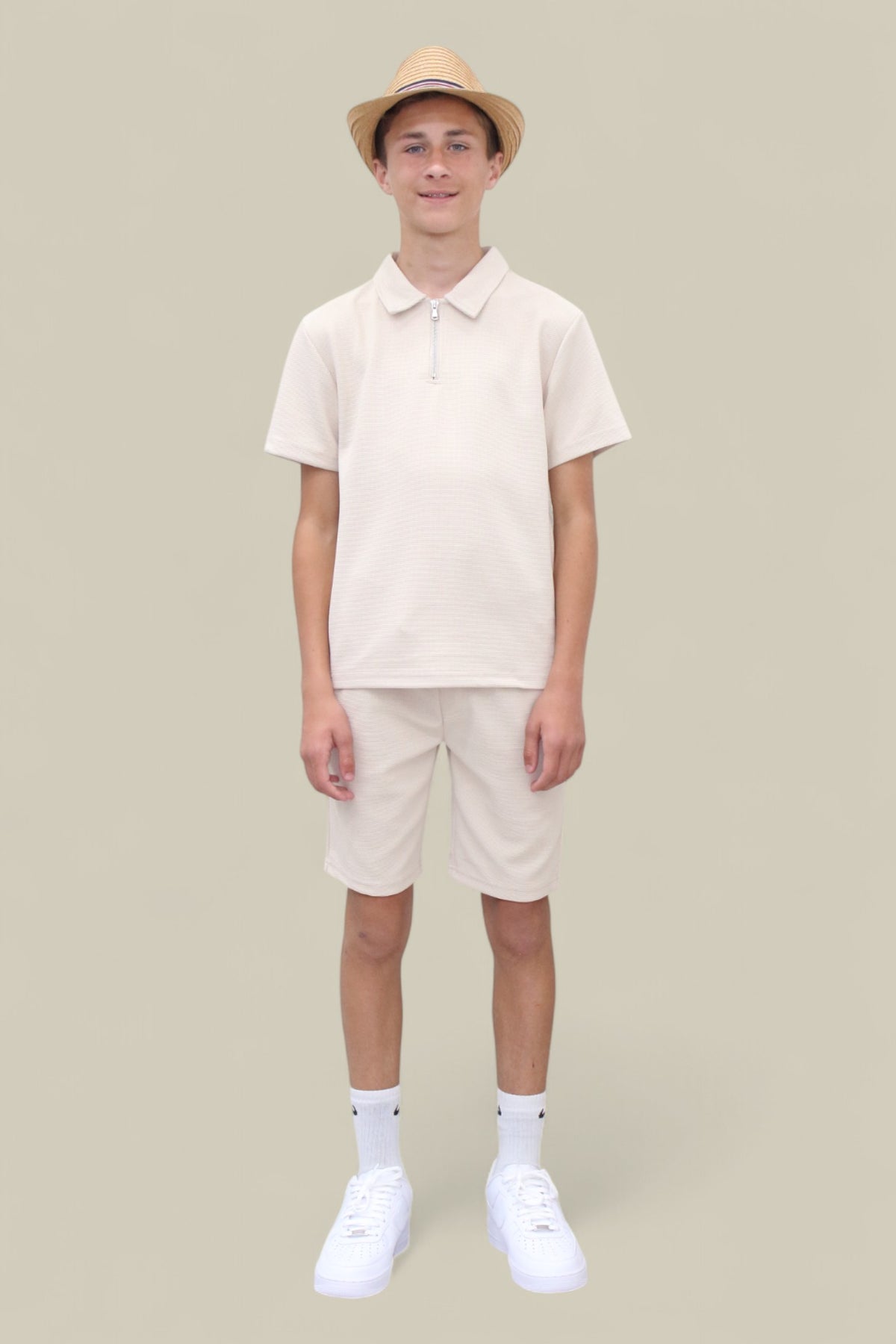 Jaxon Premium Boys Half Zip Holiday Set Pique Luxury Fabric Beige