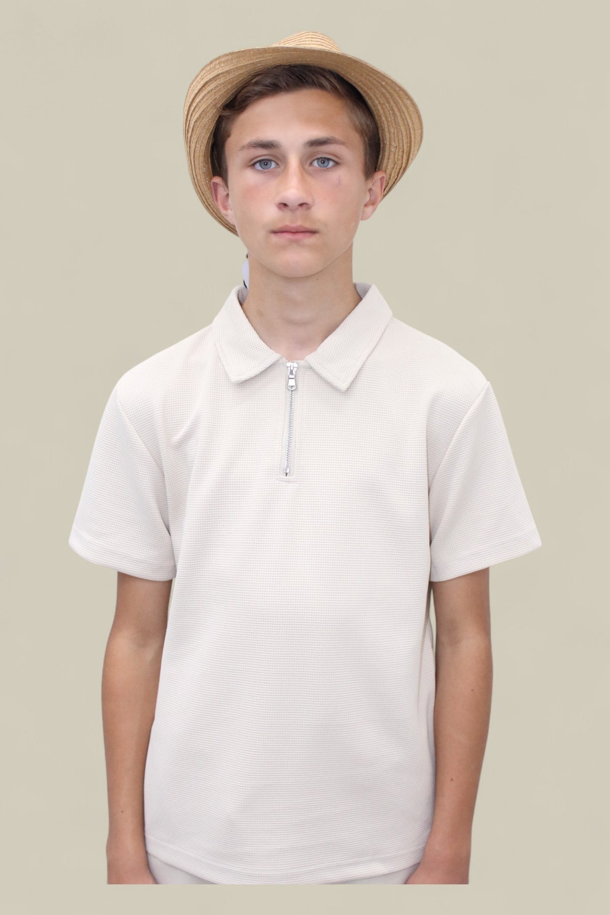 Jaxon Premium Boys Half Zip Holiday Set Pique Luxury Fabric Beige