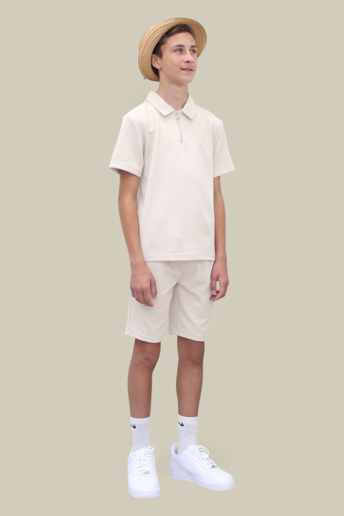 Jaxon Premium Boys Half Zip Holiday Set Pique Luxury Fabric Beige