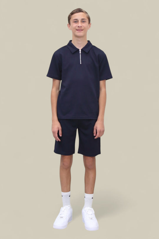 Jaxon Premium Boys Half Zip Holiday Set Pique Luxury Fabric Navy