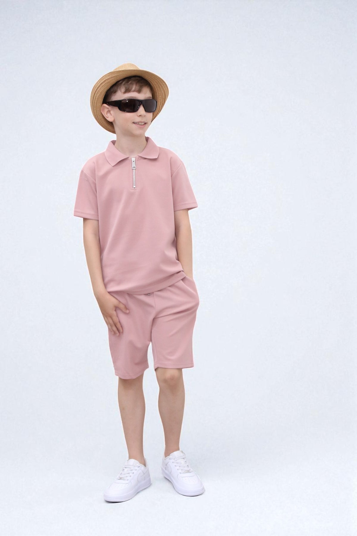 Viral Co-ord Set  Premium Boys Half Zip Holiday Set  in Pink