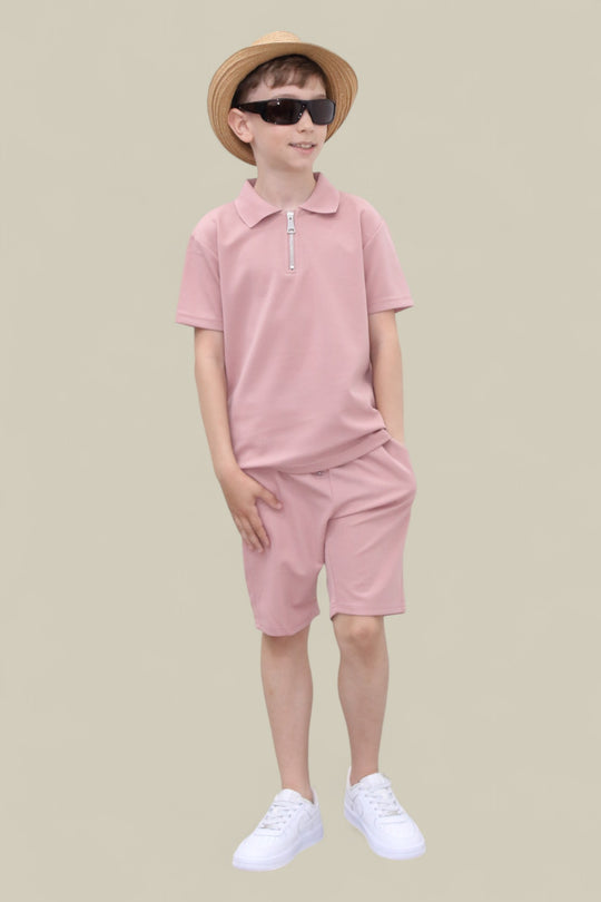 Viral Co-ord Set  Premium Boys Half Zip Holiday Set  in Pink